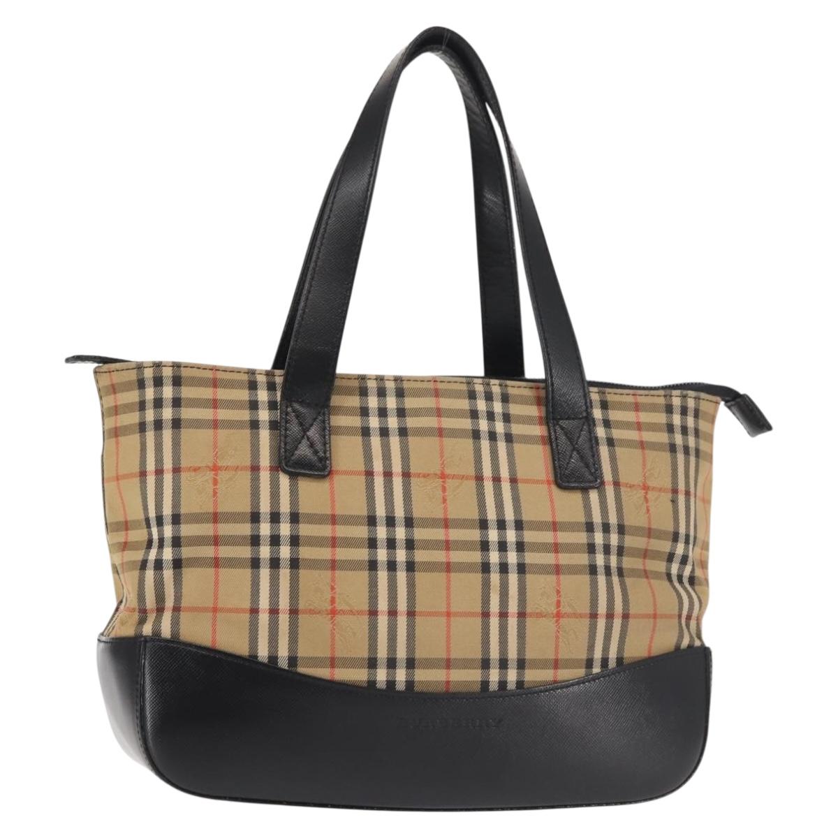BURBERRY Nova Check Hand Bag Canvas Leather Black Gold Auth BA6246