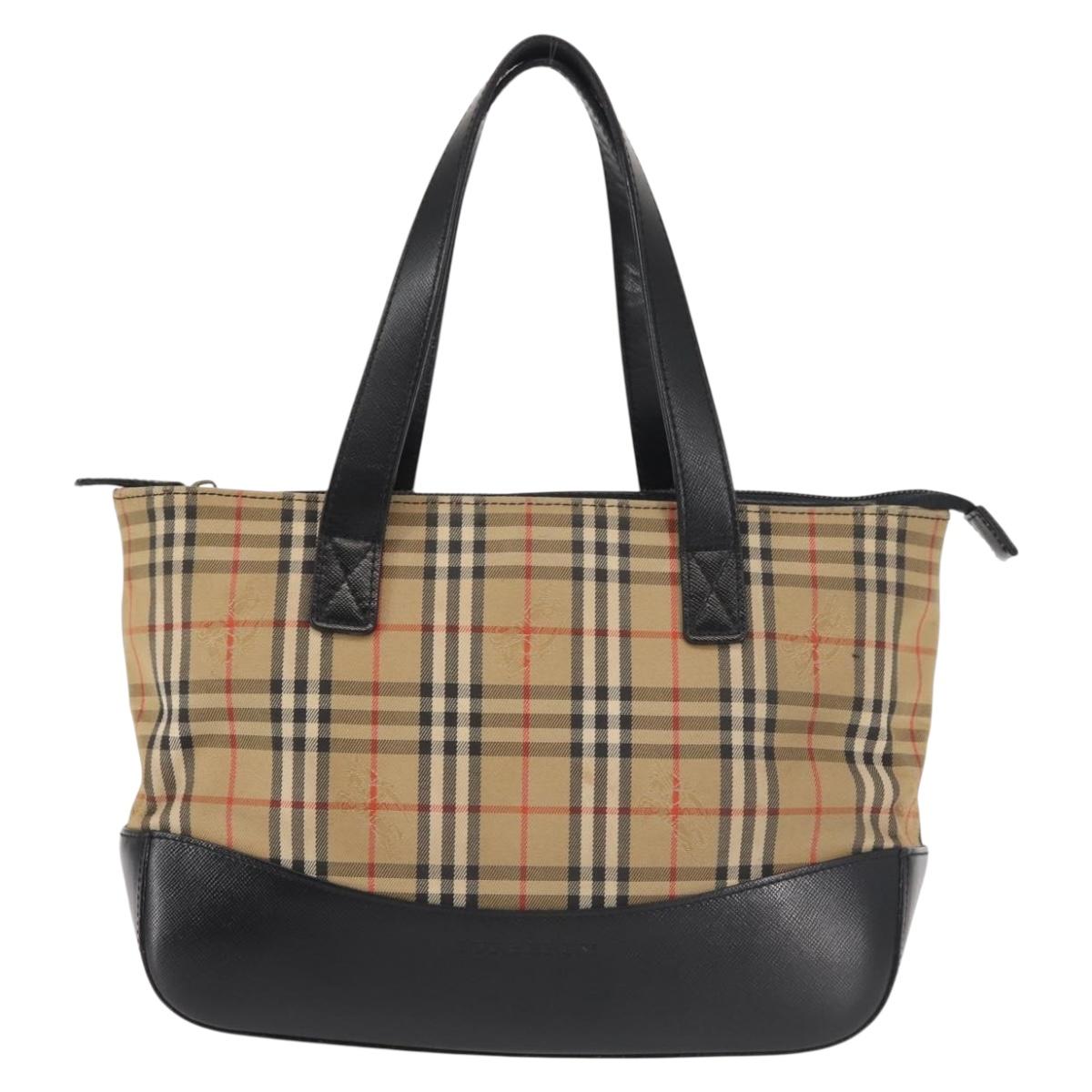 BURBERRY Nova Check Hand Bag Canvas Leather Black Gold Auth BA6246