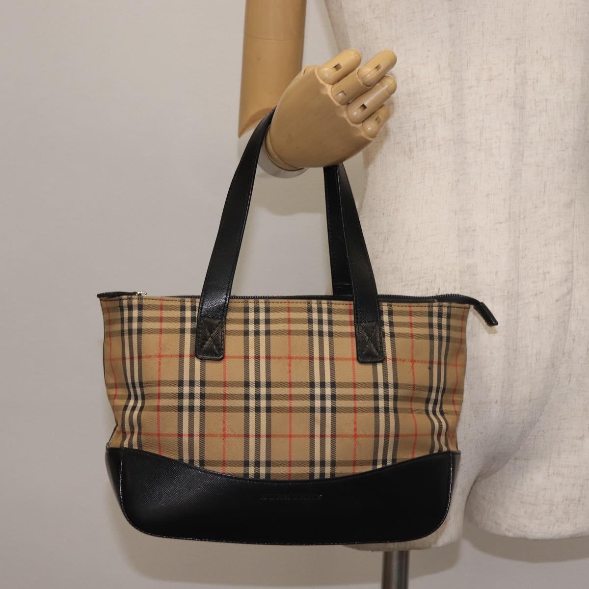 BURBERRY Nova Check Hand Bag Canvas Leather Black Gold Auth BA6246