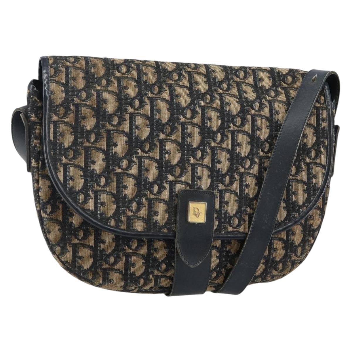 Christian Dior Trotter Canvas Shoulder Bag Navy Gold Auth BA6283
