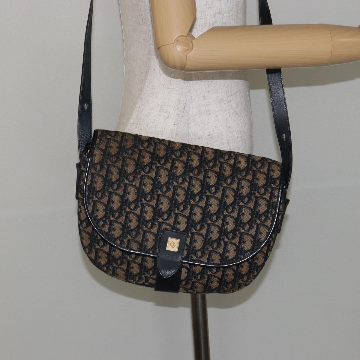 Christian Dior Trotter Canvas Shoulder Bag Navy Gold Auth BA6283