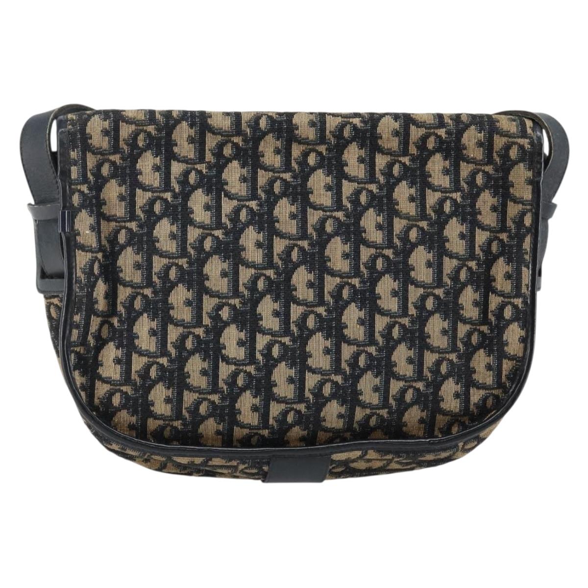 Christian Dior Trotter Canvas Shoulder Bag Navy Gold Auth BA6283