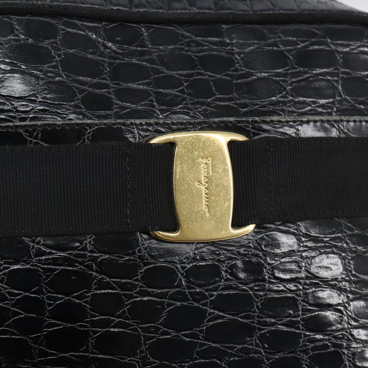 Salvatore Ferragamo Vala Shoulder Bag Leather Embossed Black Gold Auth BA6288