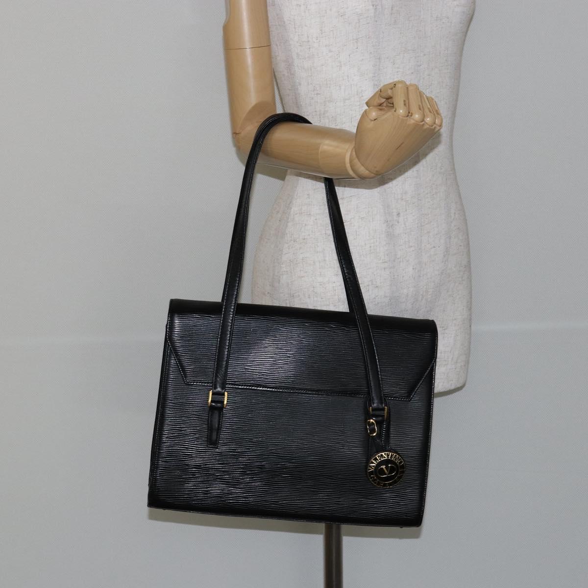 VALENTINO Shoulder Bag Leather Black Gold Auth BA6292