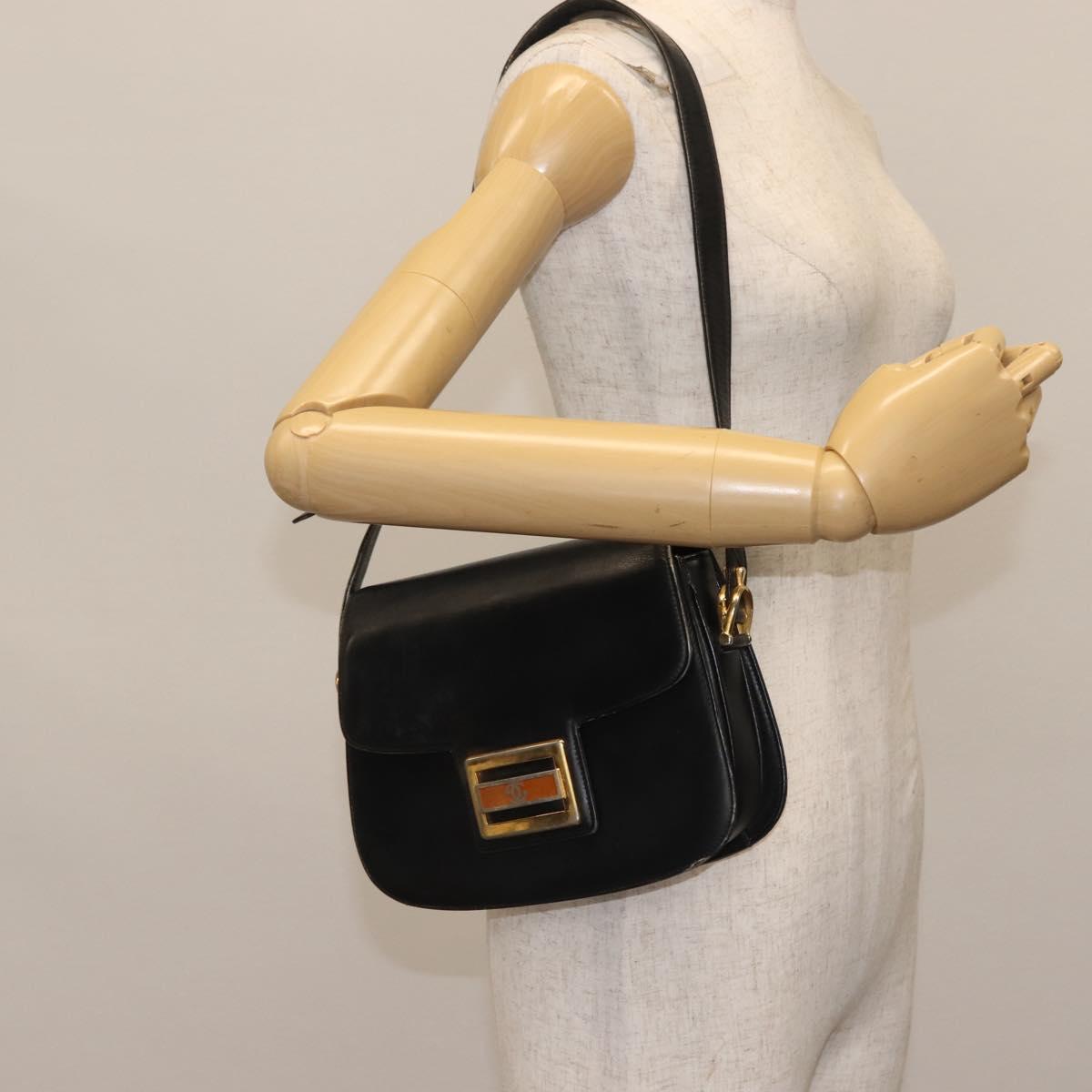 GUCCI Shoulder Bag Leather Navy Gold Auth BA6320