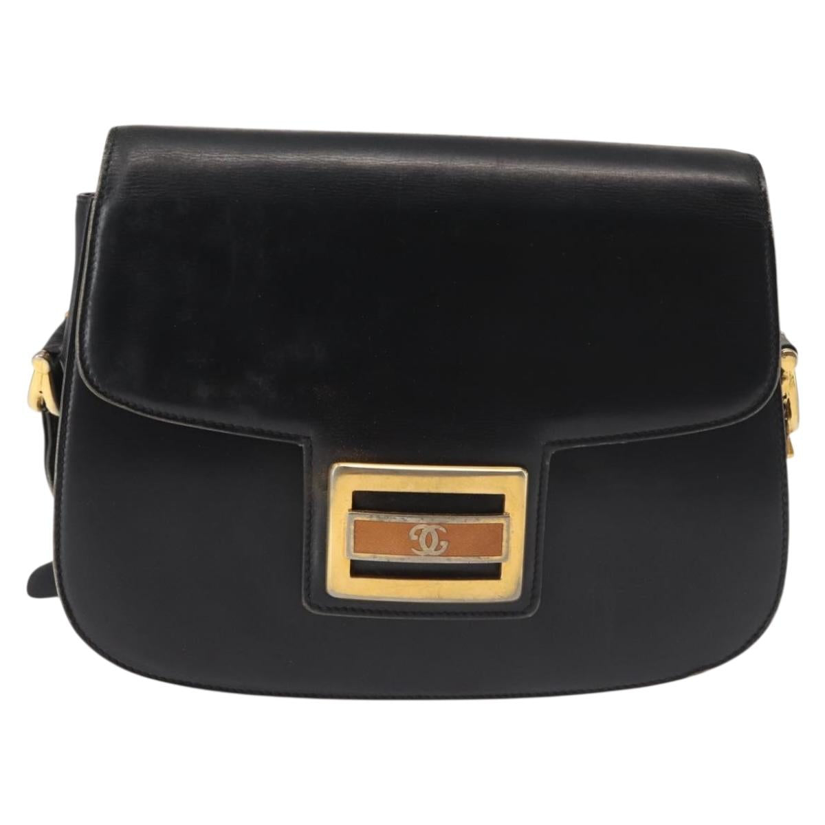 GUCCI Shoulder Bag Leather Navy Gold Auth BA6320
