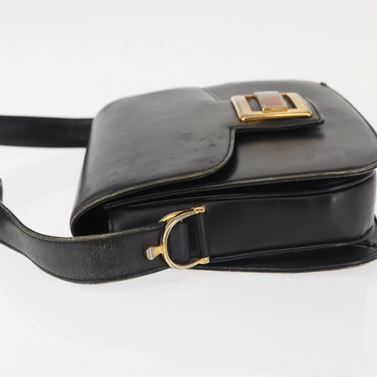 GUCCI Shoulder Bag Leather Navy Gold Auth BA6320
