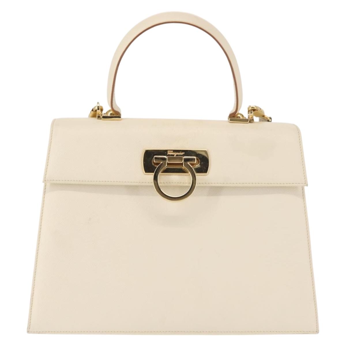 Salvatore Ferragamo Gancini Hand Bag Leather 2way White Gold Auth BA6323