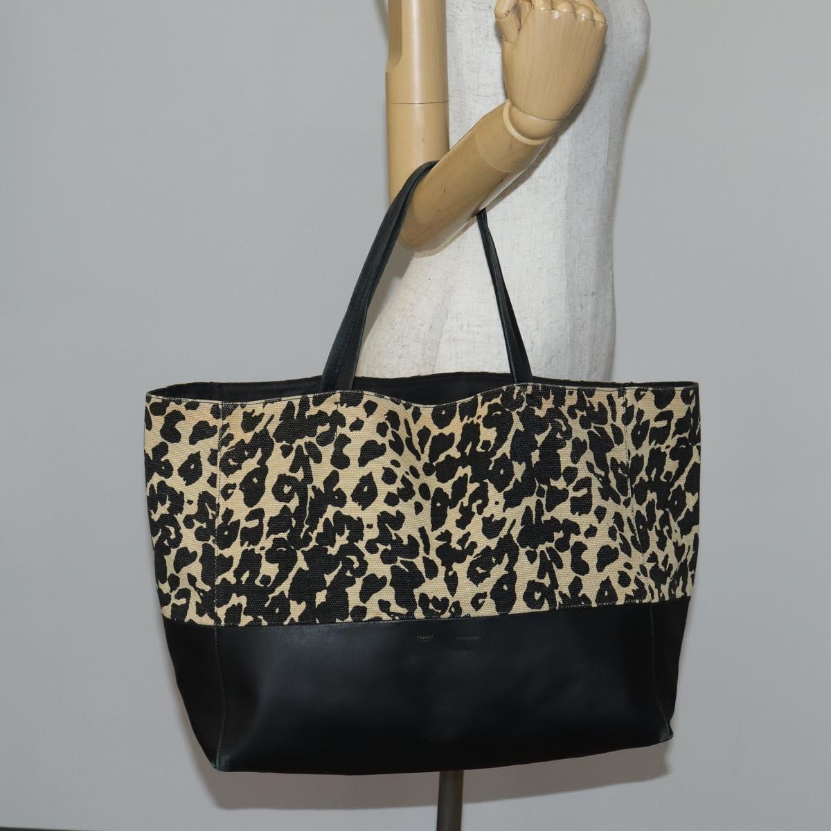 CELINE Horizontal Cabas Tote Bag Canvas Leather Beige Black Auth BA6326