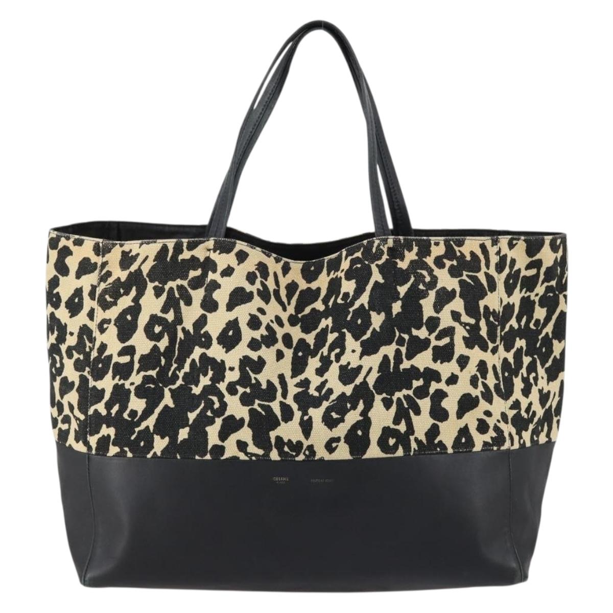 CELINE Horizontal Cabas Tote Bag Canvas Leather Beige Black Auth BA6326