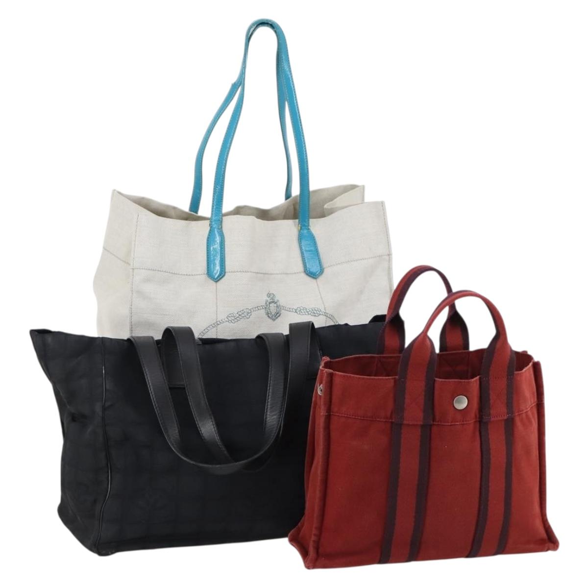 PRADA Hermes Chanel Tote Bag Canvas 3Set Black Red gray Auth BA6334