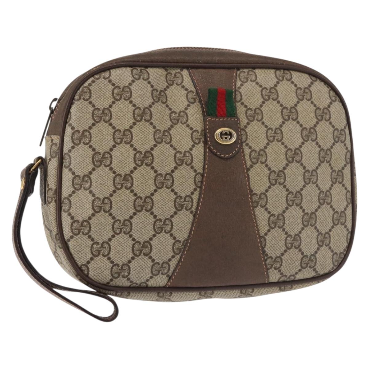 GUCCI GG Supreme Web Sherry Line Clutch Bag Beige Gold 156 01 034 Auth BA6357