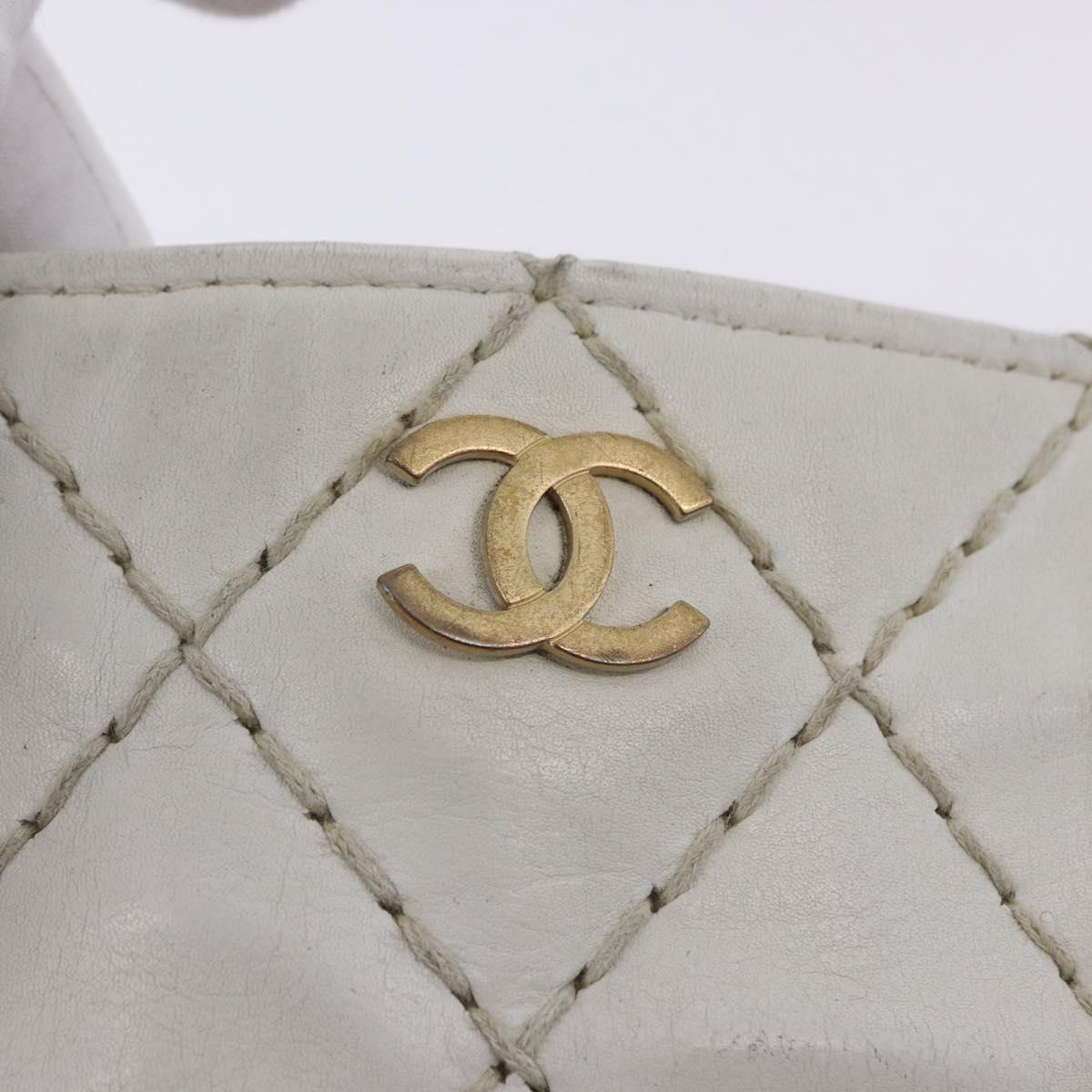 CHANEL Wild Stitch Chain Shoulder Bag Lamb Skin White Gold CC Auth BA6359