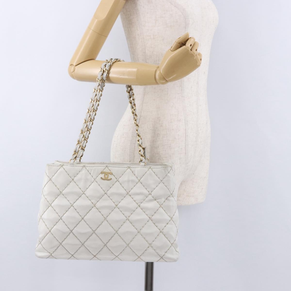 CHANEL Wild Stitch Chain Shoulder Bag Lamb Skin White Gold CC Auth BA6359