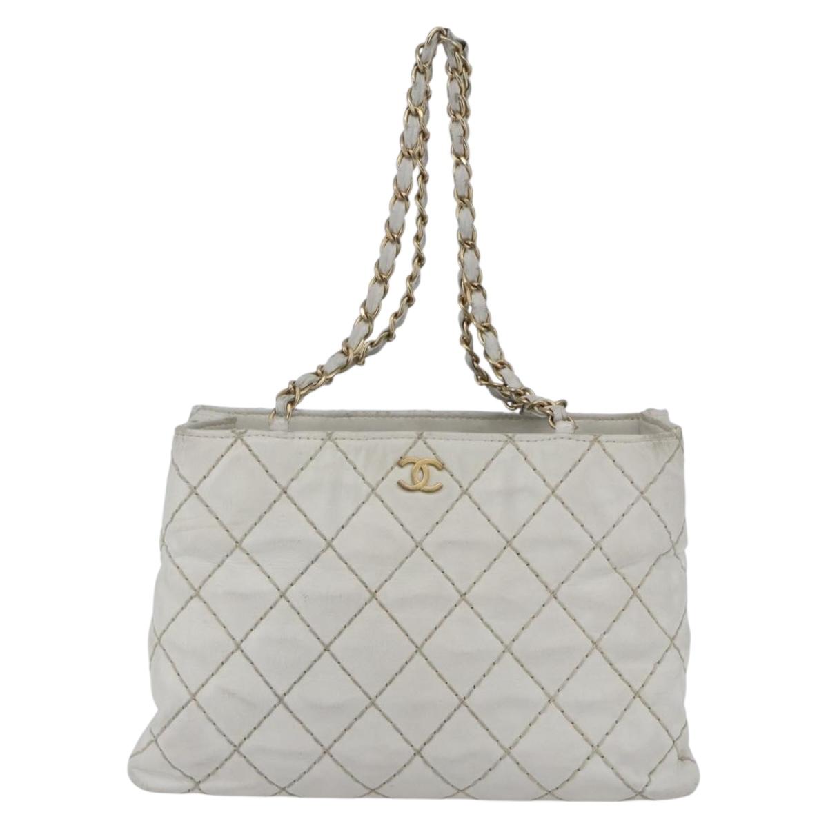 CHANEL Wild Stitch Chain Shoulder Bag Lamb Skin Beige Gold CC Auth BA6359