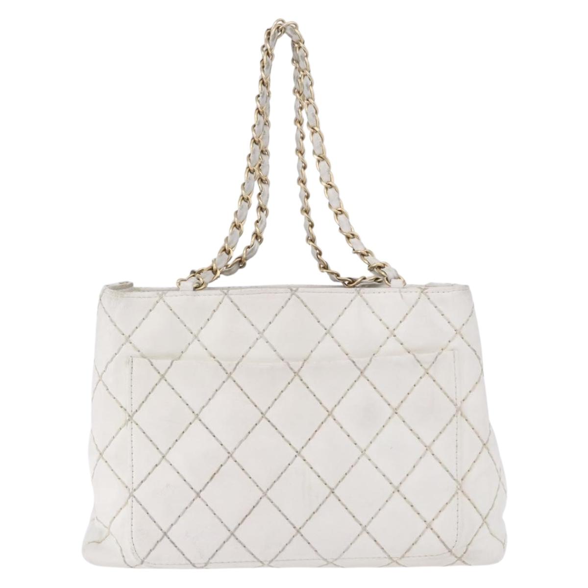 CHANEL Wild Stitch Chain Shoulder Bag Lamb Skin White Gold CC Auth BA6359
