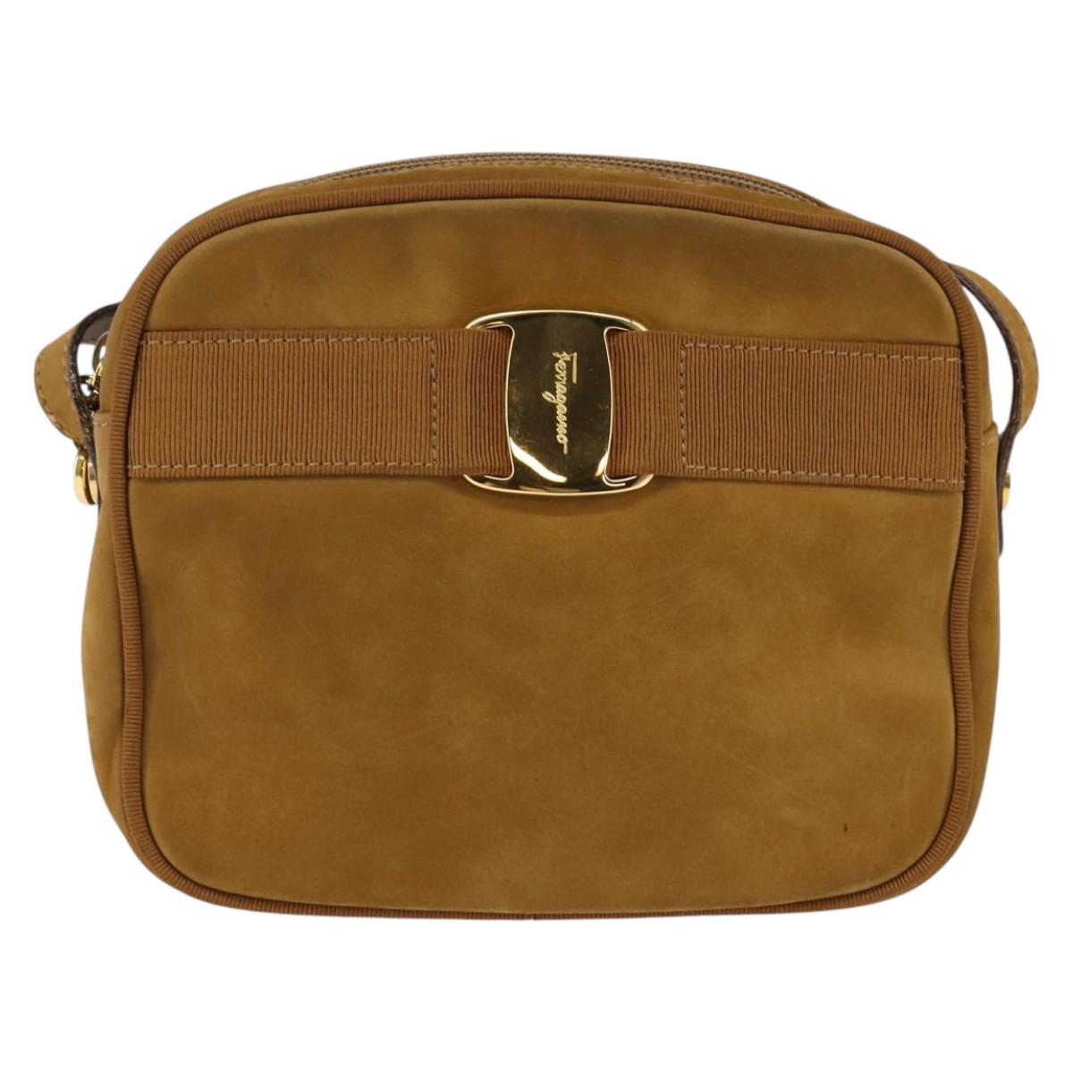 Salvatore Ferragamo Vala Shoulder Bag Suede Brown Gold Auth BA6379