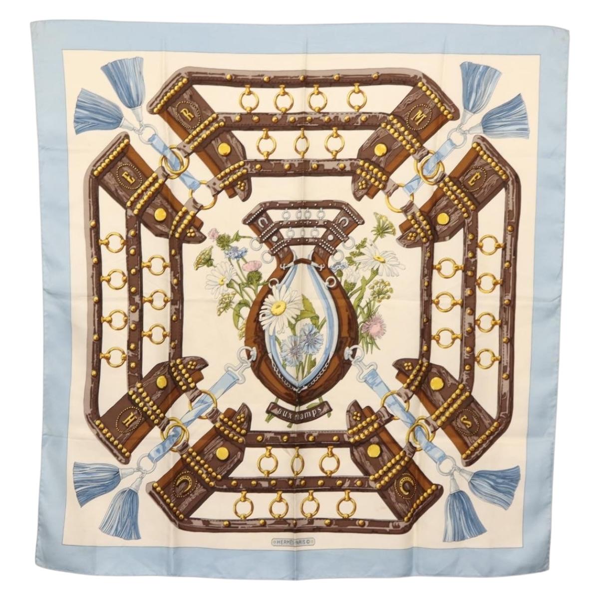 HERMES Carre 90 Scarf ""aux champs"" Silk Light Blue Auth BA6381