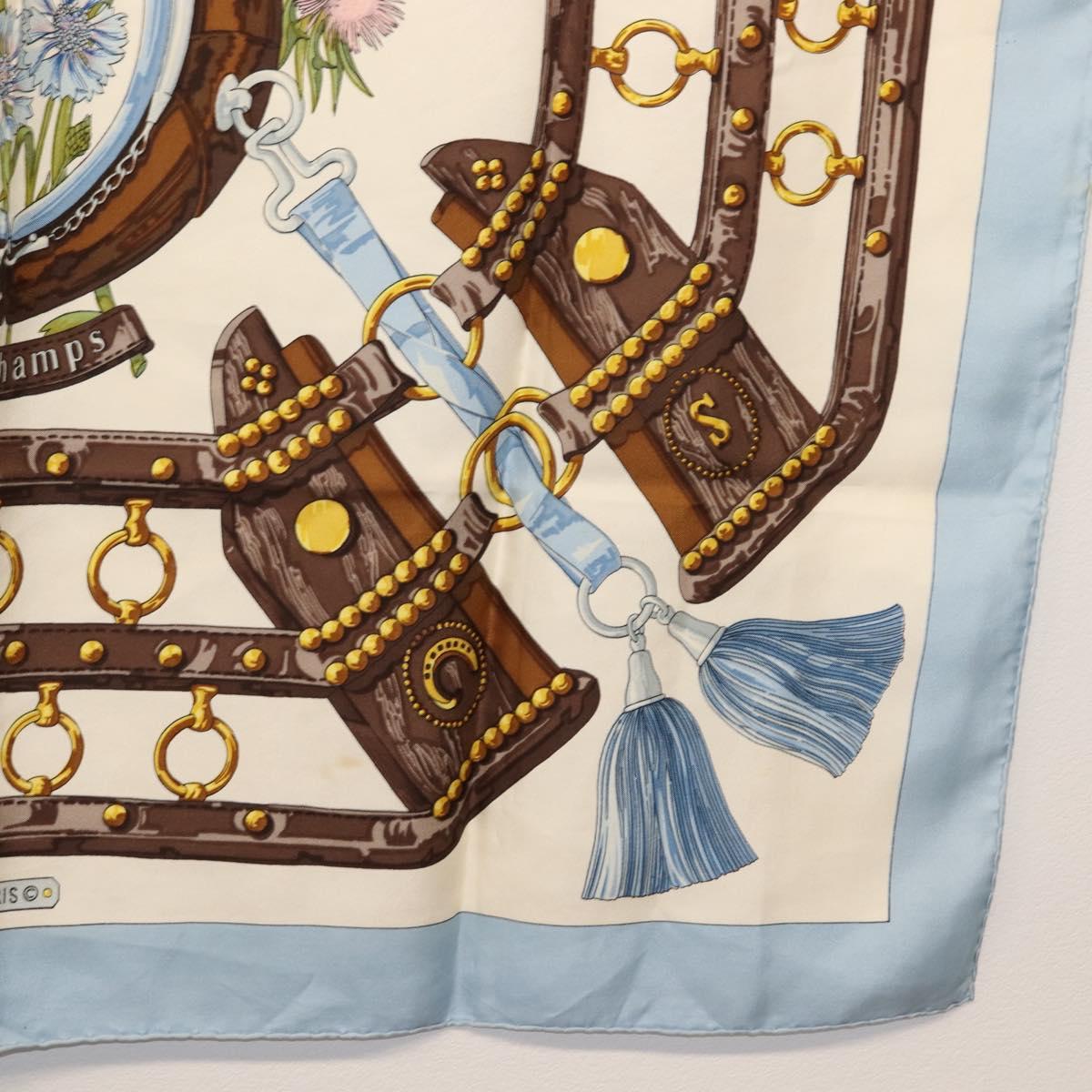 HERMES Carre 90 Scarf ""aux champs"" Silk Light Blue Auth BA6381