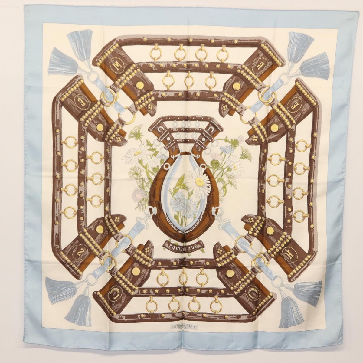 HERMES Carre 90 Scarf ""aux champs"" Silk Light Blue Auth BA6381