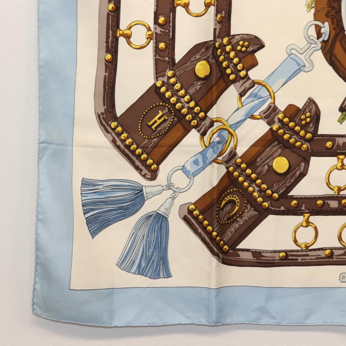 HERMES Carre 90 Scarf ""aux champs"" Silk Light Blue Auth BA6381