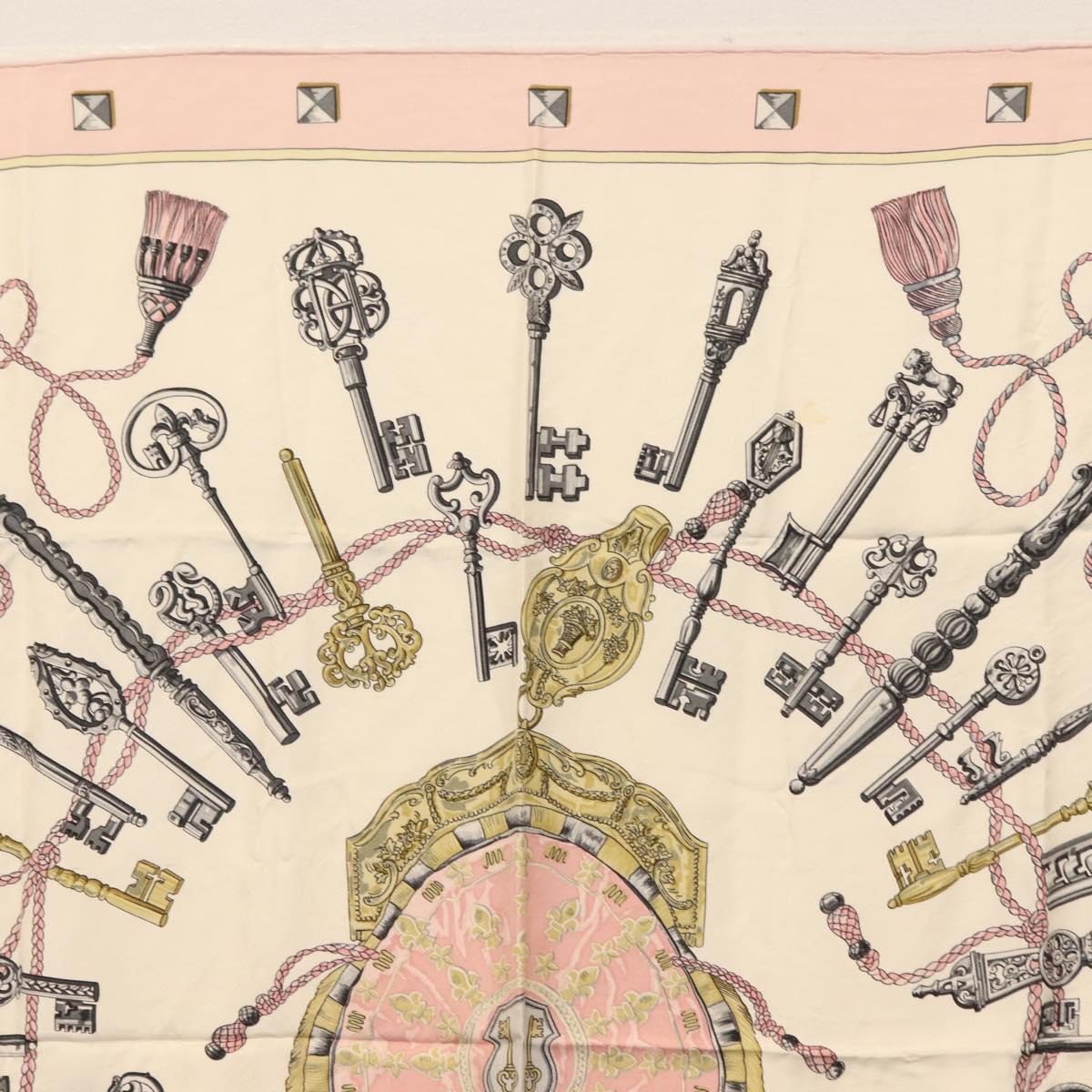 HERMES Carre 90 Scarf ""les cles key"" Silk Pink White Auth BA6383