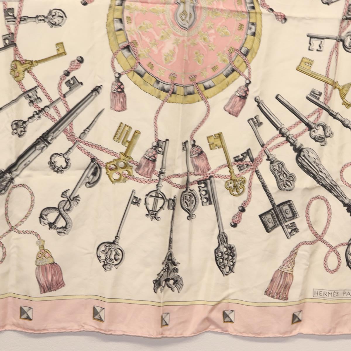 HERMES Carre 90 Scarf ""les cles key"" Silk Pink White Auth BA6383