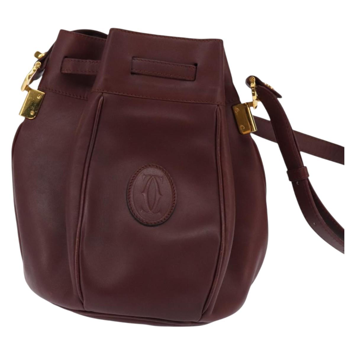 CARTIER Must Line Shoulder Bag Leather Bordeaux Gold Auth BA6387