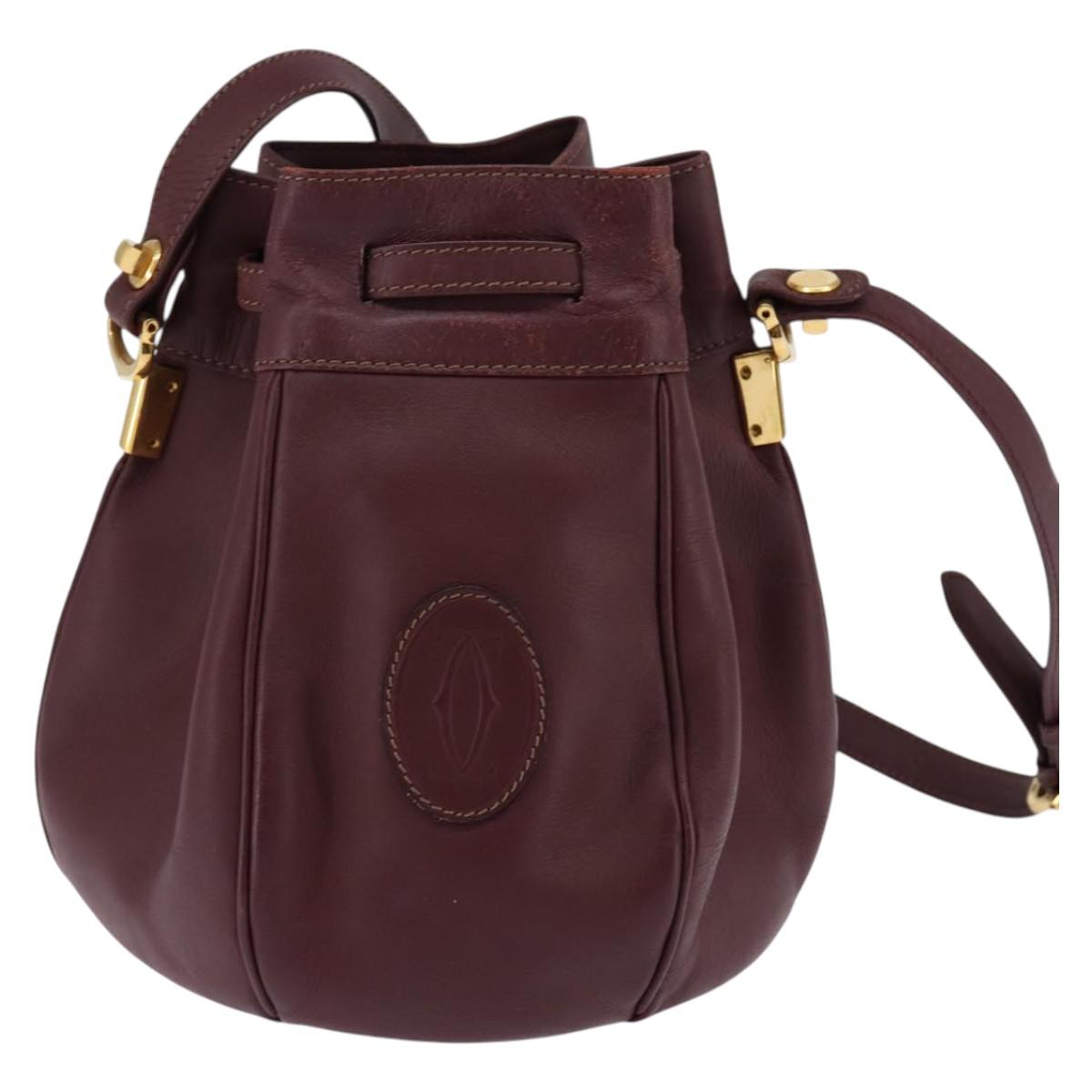 CARTIER Must Line Shoulder Bag Leather Bordeaux Gold Auth BA6388