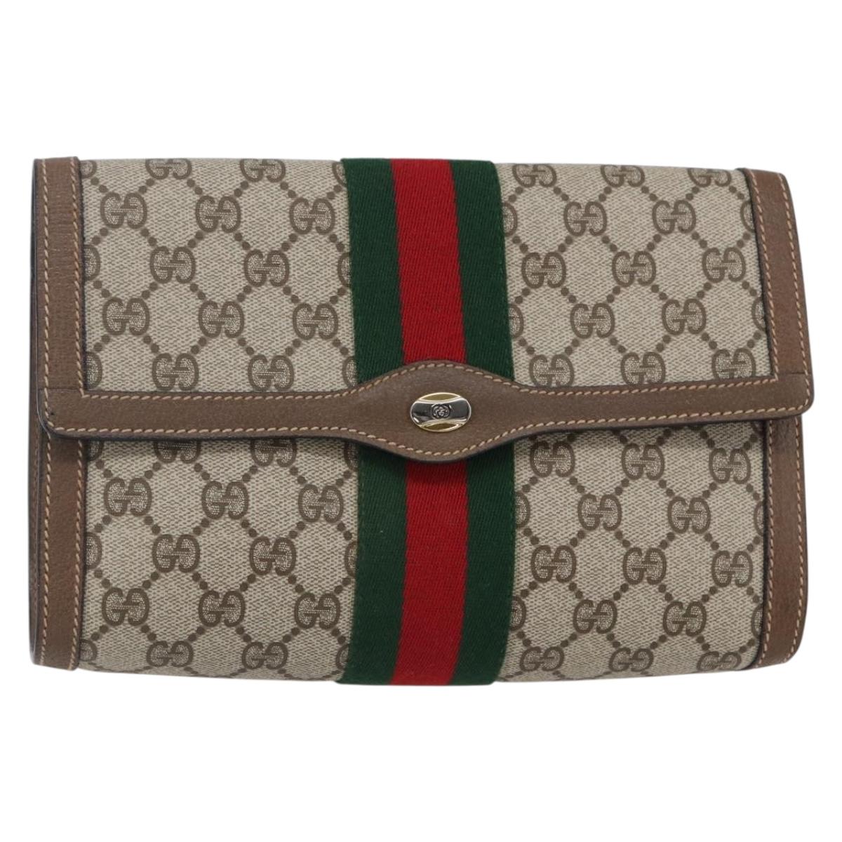 GUCCI GG Supreme Web Sherry Line Clutch Bag PVC Beige Gold 89 01 006 Auth BA6443