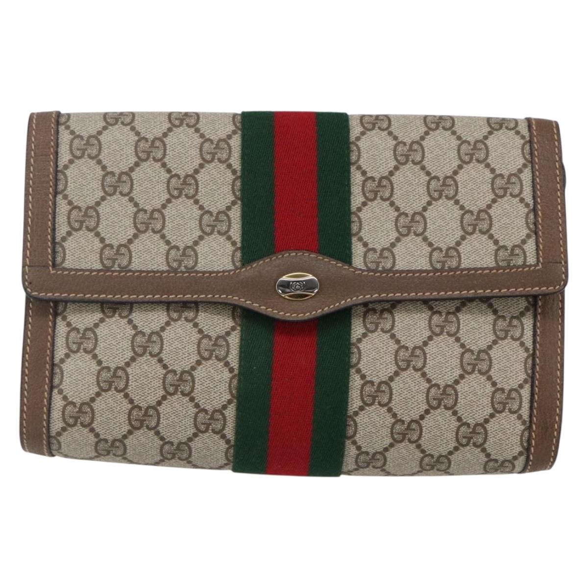 GUCCI GG Supreme Web Sherry Line Clutch Bag PVC Beige Gold 89 01 006 Auth BA6443