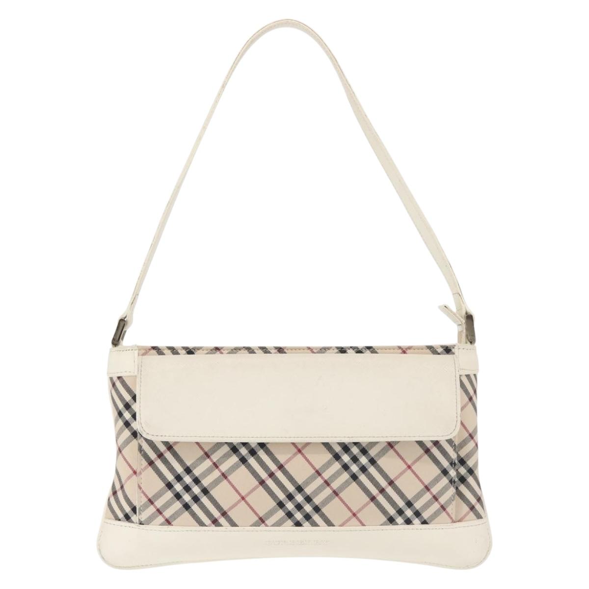 BURBERRY Nova Check Shoulder Bag Canvas Leather White Silver Auth BA6464