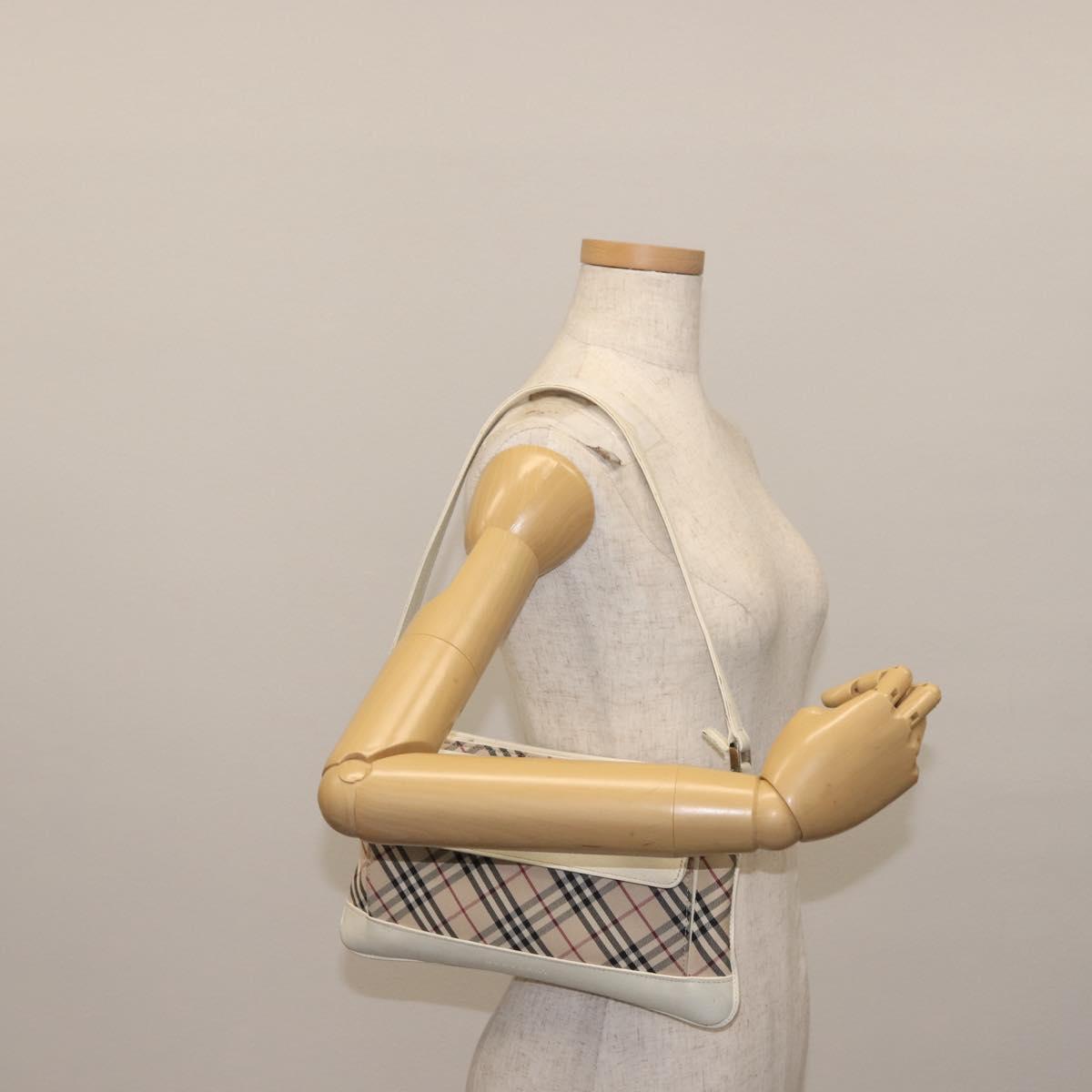 BURBERRY Nova Check Shoulder Bag Canvas Leather White Silver Auth BA6464