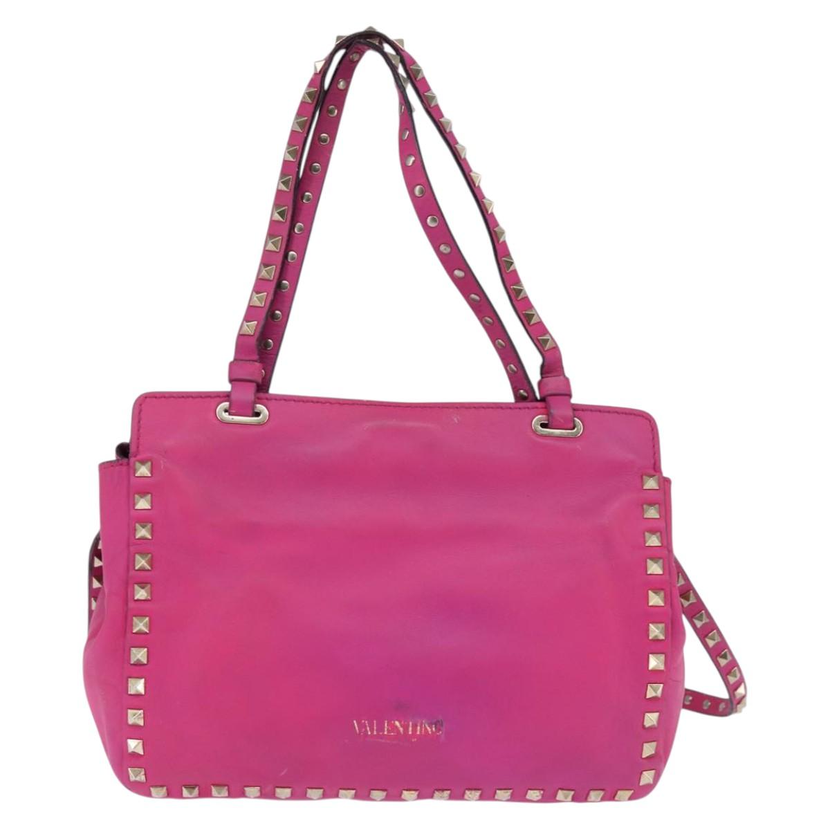 VALENTINO Studs Hand Bag Leather 2way Pink Gold Auth BA6473