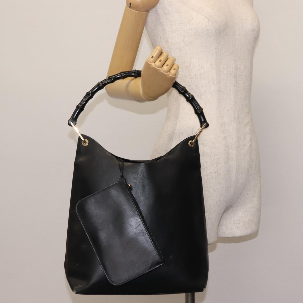 GUCCI Bamboo Shoulder Bag Leather Black Gold 001 1013 1881 Auth BA6477