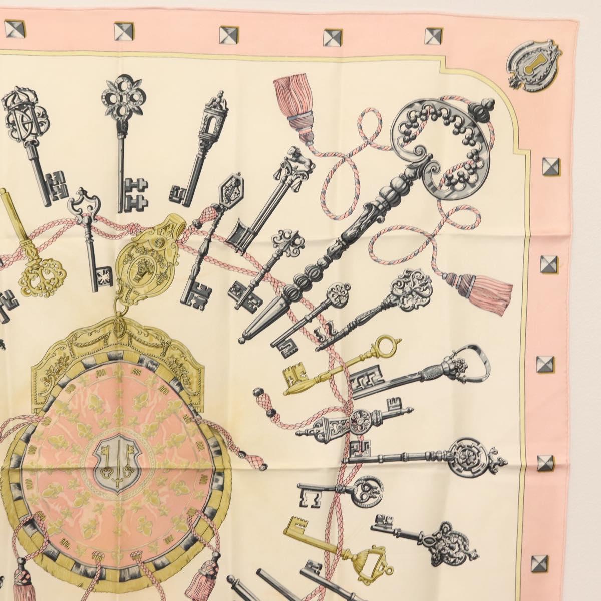 HERMES Carre 90 Scarf ""les cles key"" Silk Pink Auth BA6545
