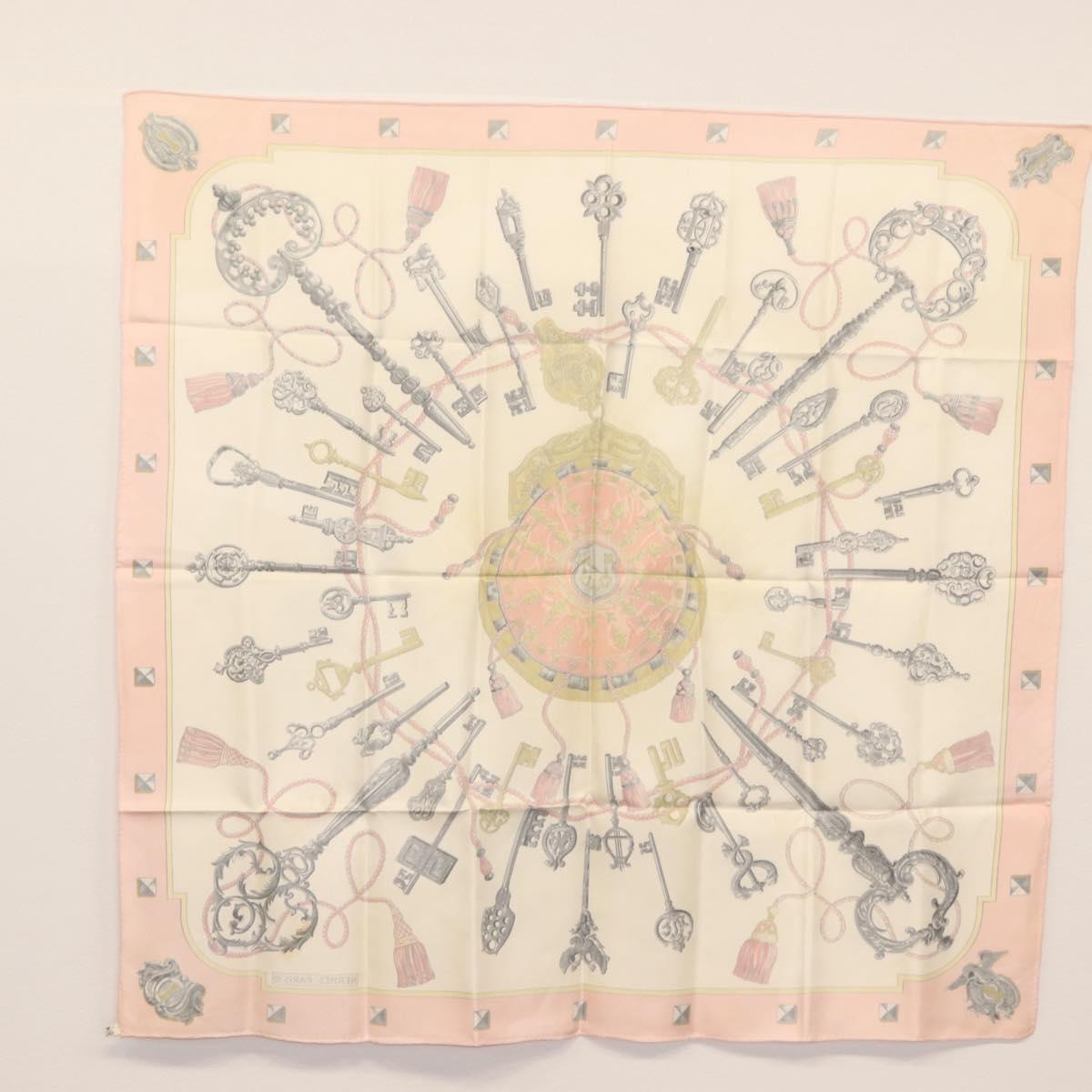 HERMES Carre 90 Scarf ""les cles key"" Silk Pink Auth BA6545