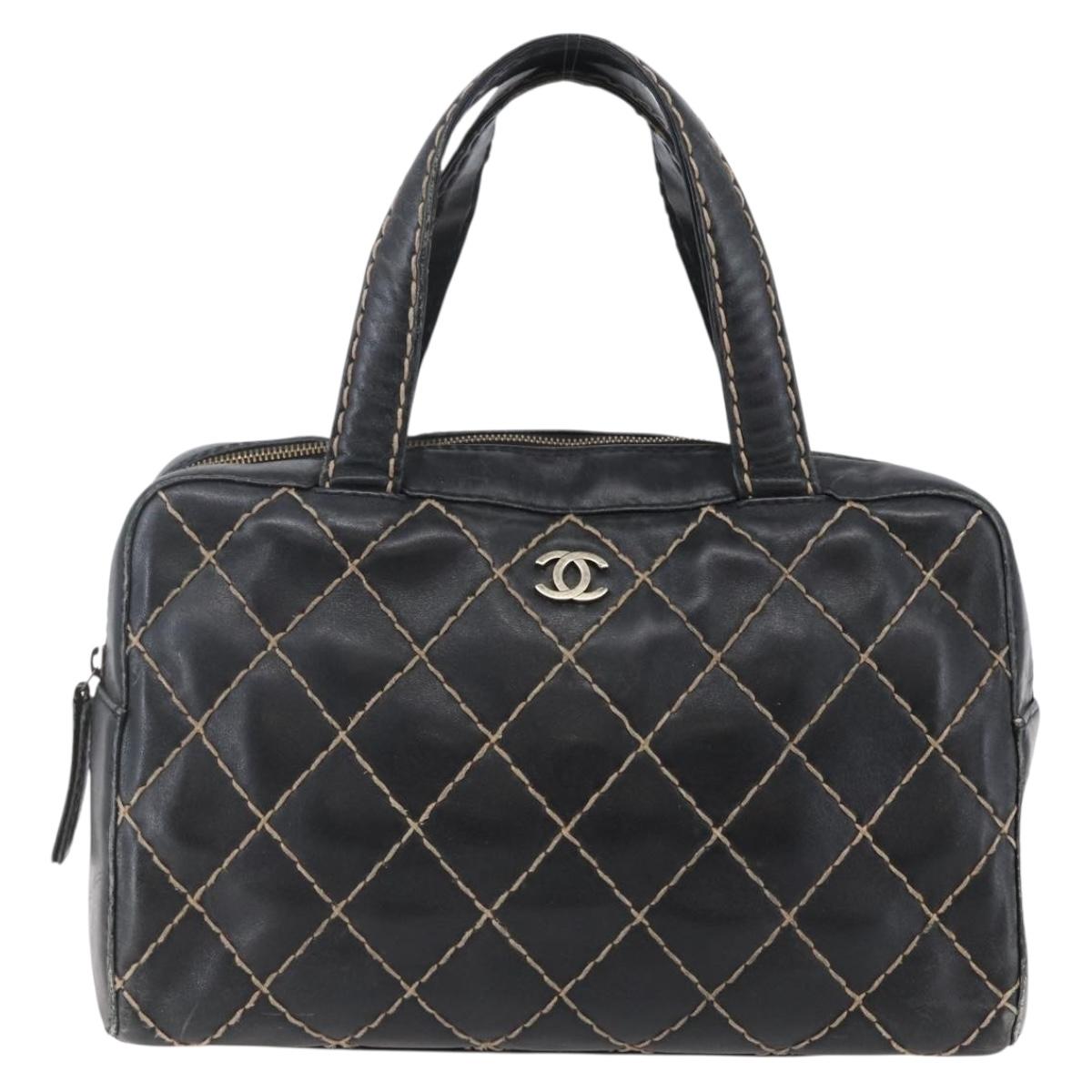 CHANEL Wild Stitch Hand Bag Leather Black Gold CC Auth BA6552