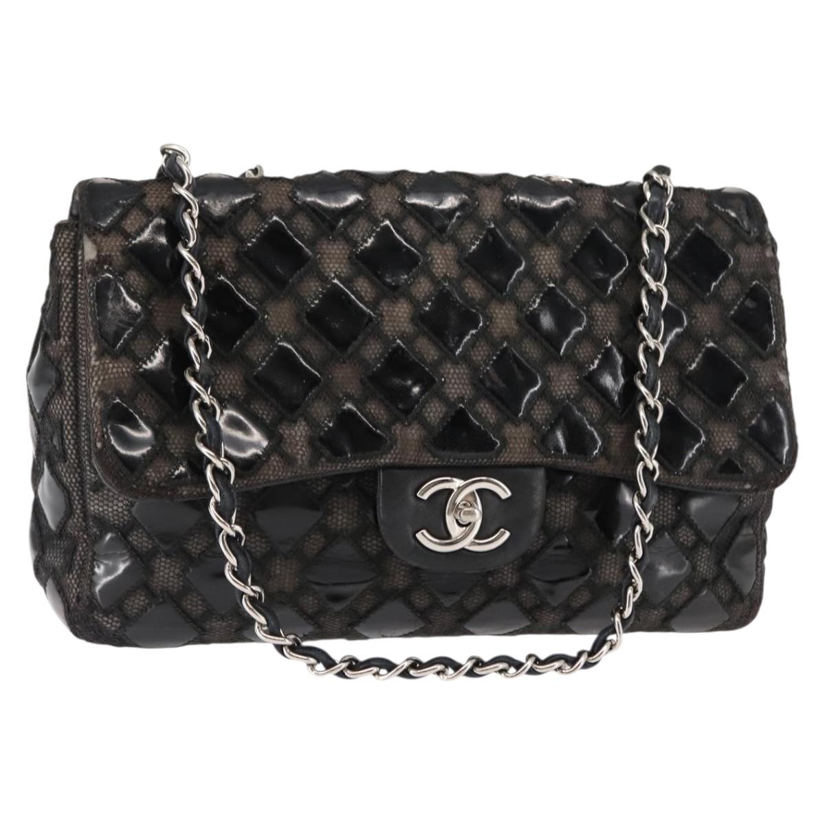 CHANEL Chain Shoulder Bag Enamel Black Silver CC Auth BA6553
