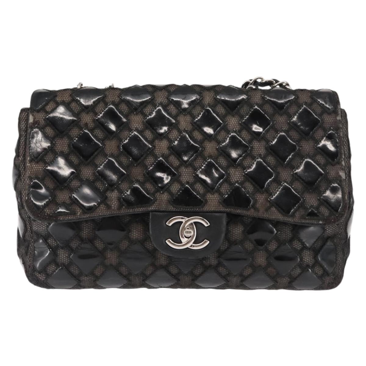CHANEL Chain Shoulder Bag Enamel Black Silver CC Auth BA6553
