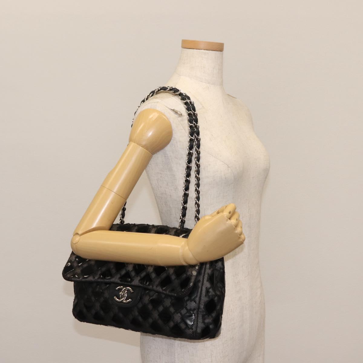 CHANEL Chain Shoulder Bag Enamel Black Silver CC Auth BA6553