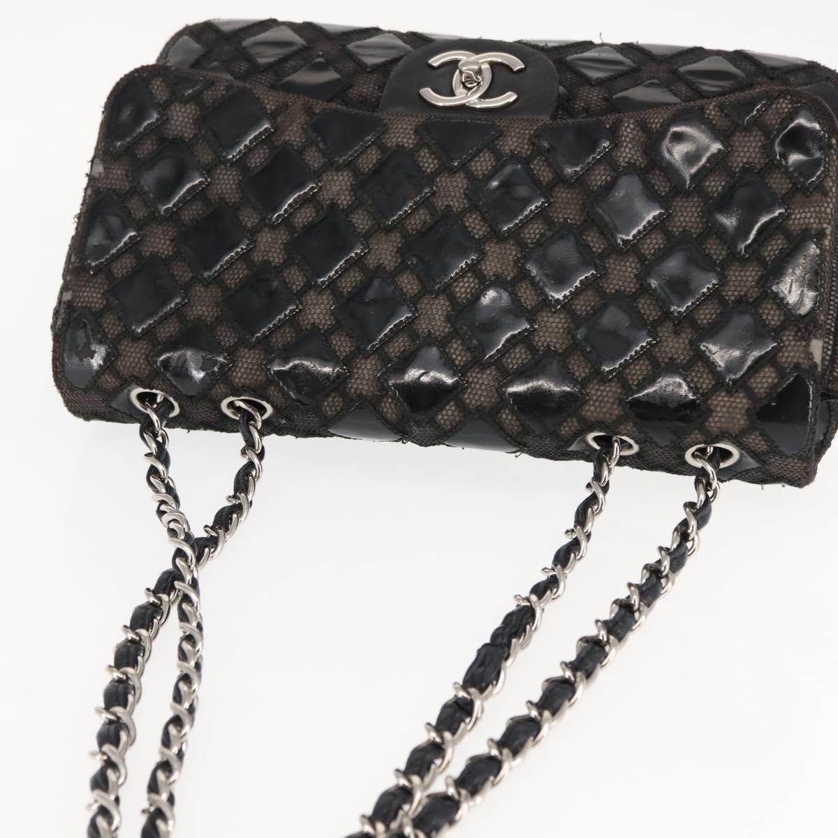 CHANEL Chain Shoulder Bag Enamel Black Silver CC Auth BA6553