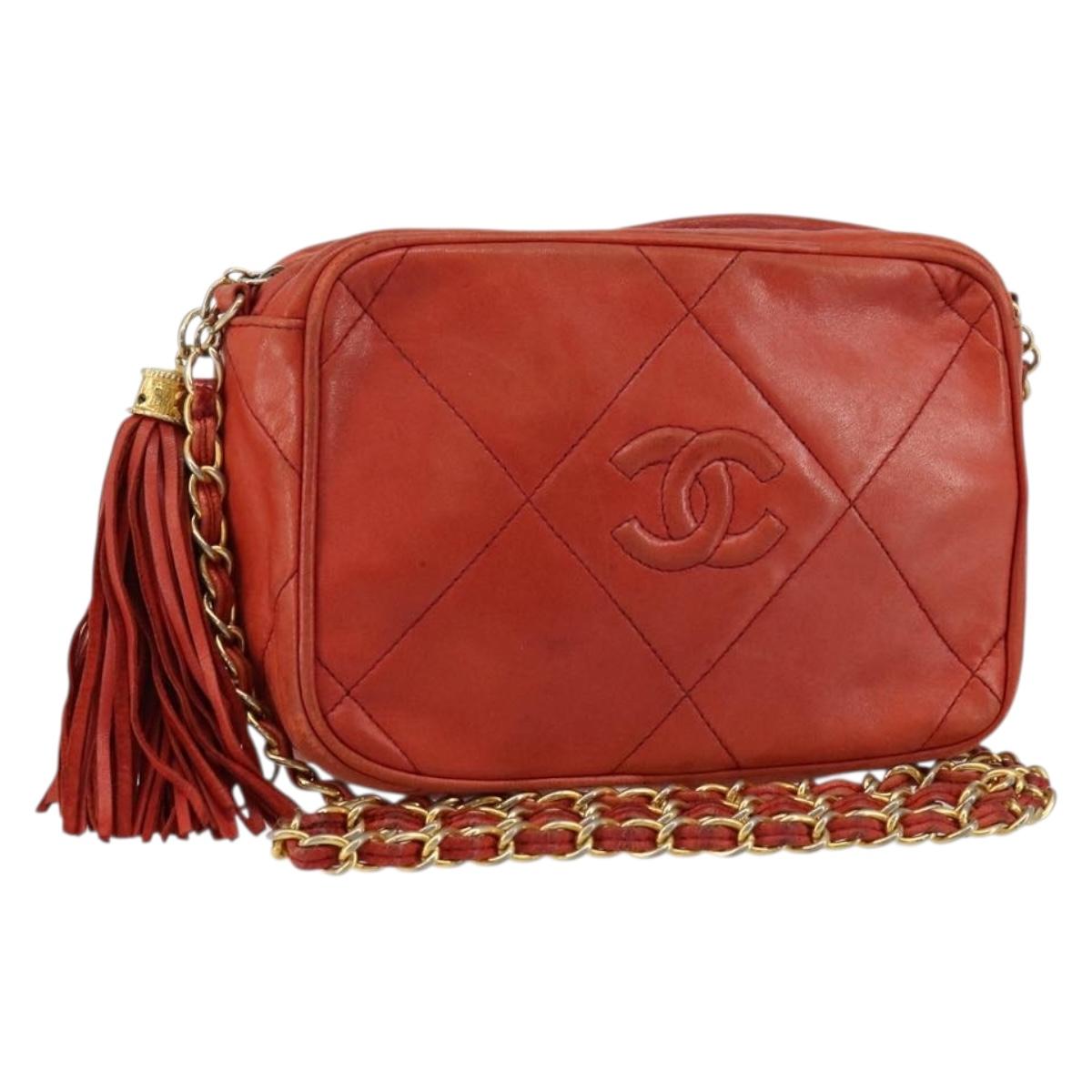 CHANEL Lamb Skin Shoulder Bag Red Gold CC Auth BA6554