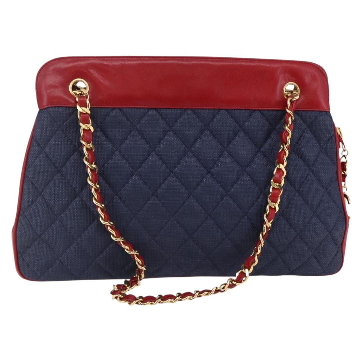 CHANEL Matelasse Chain Shoulder Bag straw Navy Gold CC Auth BA6555