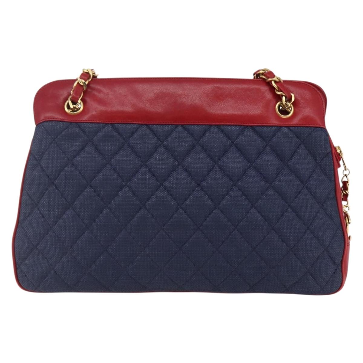 CHANEL Matelasse Chain Shoulder Bag straw Navy Gold CC Auth BA6555