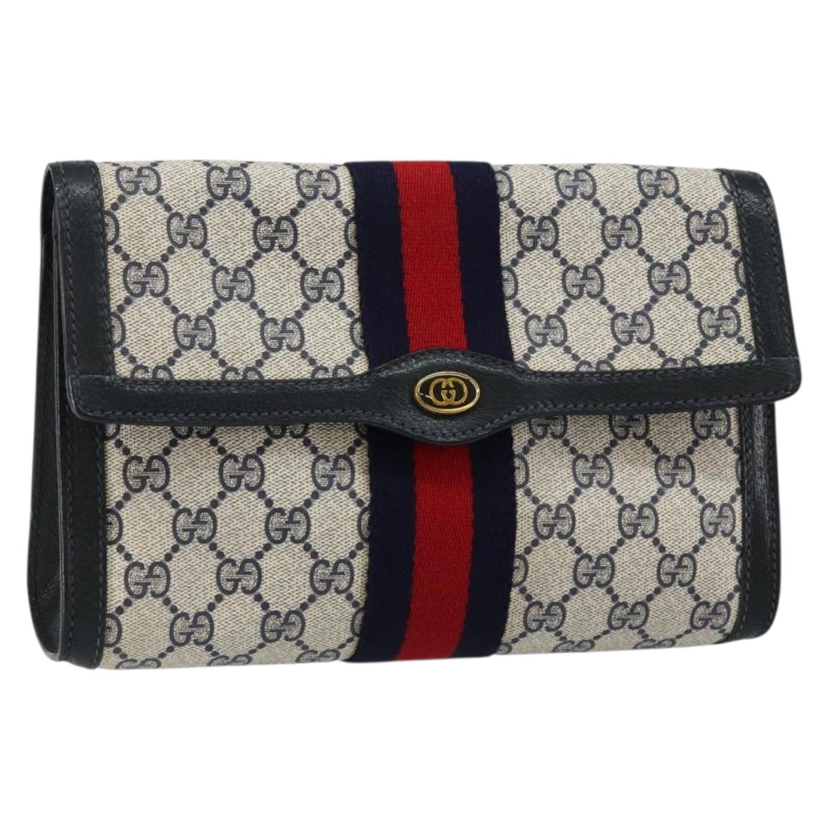 GUCCI GG Supreme Sherry Line Clutch Bag PVC Navy Gold 89 01 006 Auth BA6557