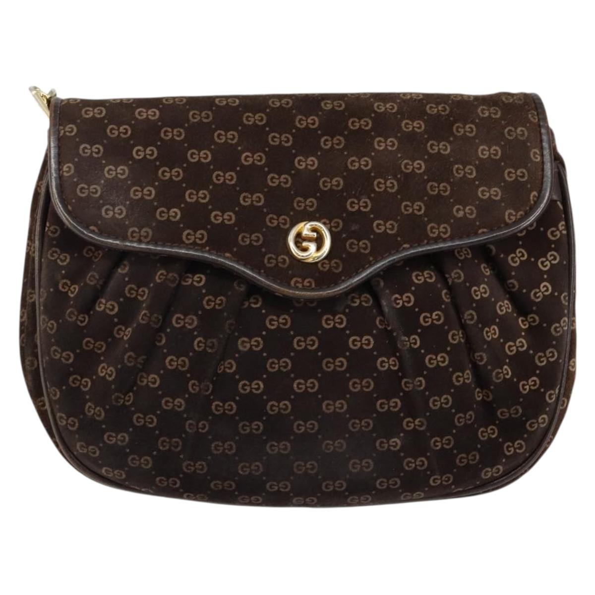 GUCCI Micro GG Canvas Chain Shoulder Bag Suede Brown Gold Auth BA6560