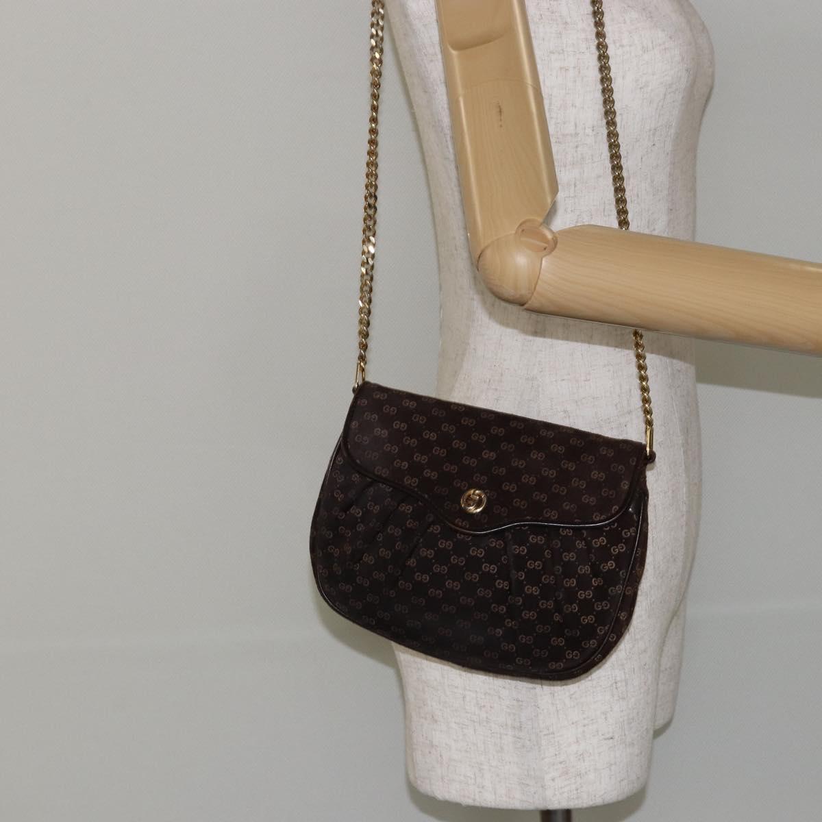 GUCCI Micro GG Canvas Chain Shoulder Bag Suede Brown Gold Auth BA6560