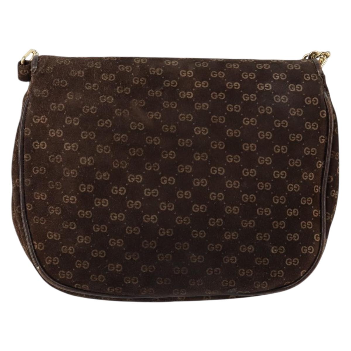 GUCCI Micro GG Canvas Chain Shoulder Bag Suede Brown Gold Auth BA6560