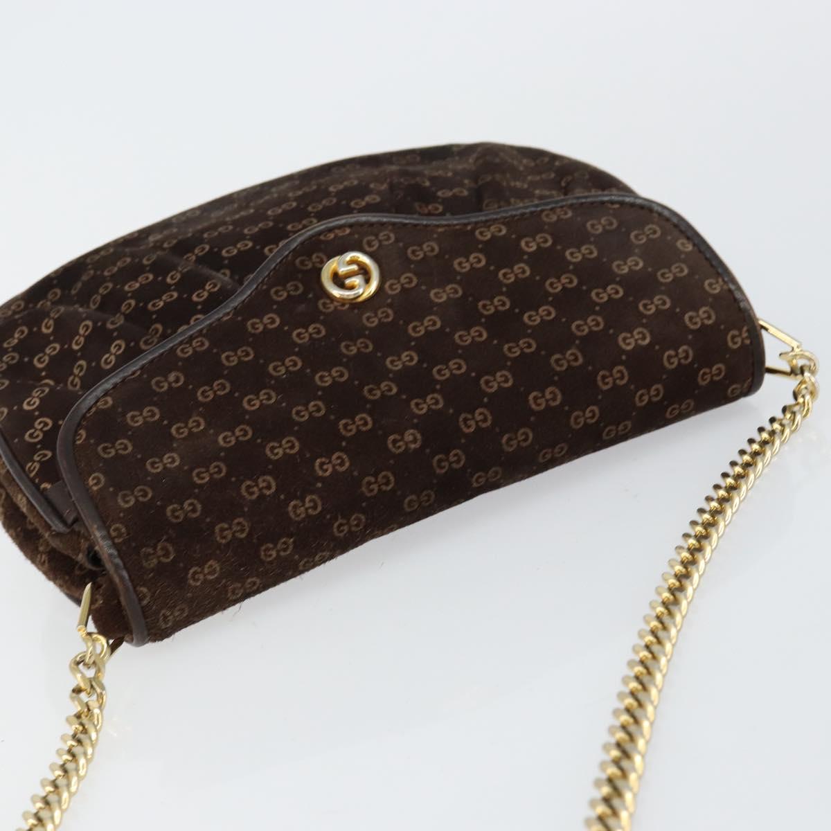 GUCCI Micro GG Canvas Chain Shoulder Bag Suede Brown Gold Auth BA6560